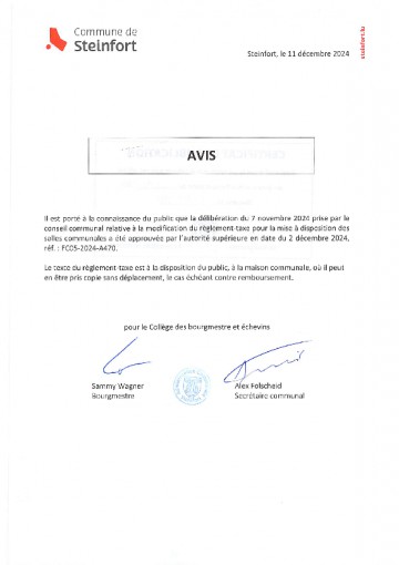 Avis - approbation règlement-taxe location salles communales